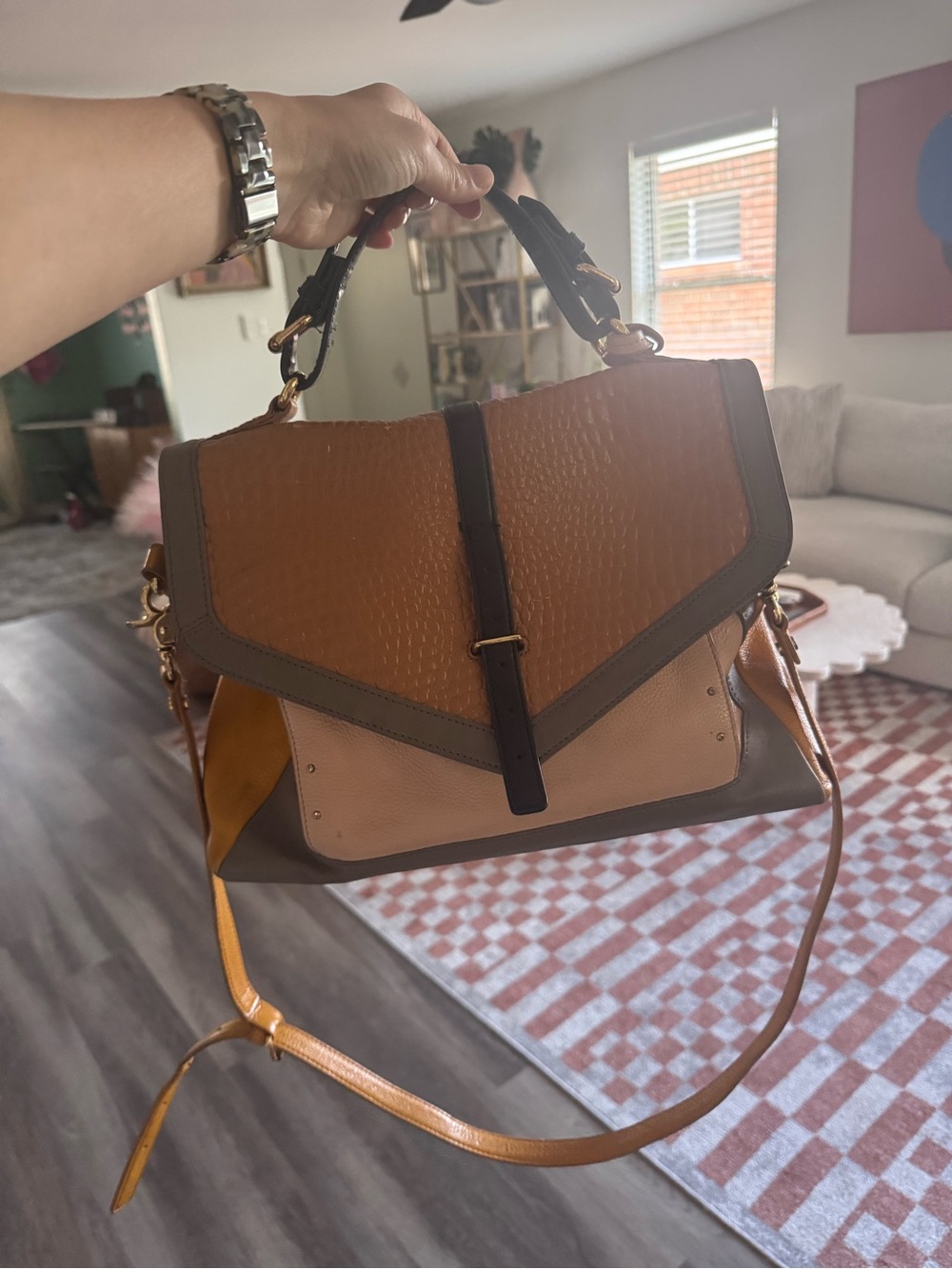 Tory Burch 797 - Structured Colorblock Leather Satchel - Tan, Brown & Yellow